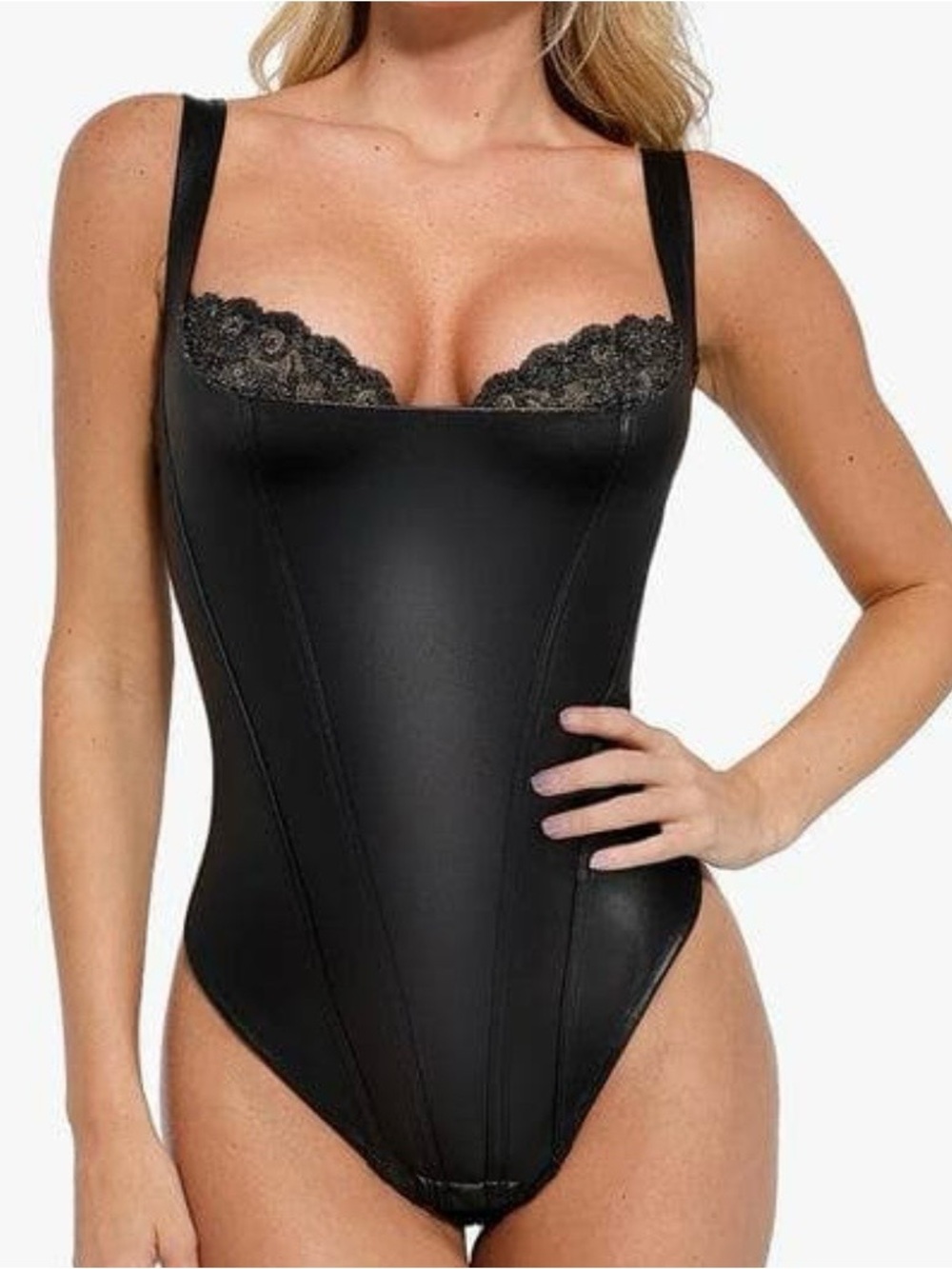 Shapewear Faux Leather Lace Balconette Sculpting Bodysuit